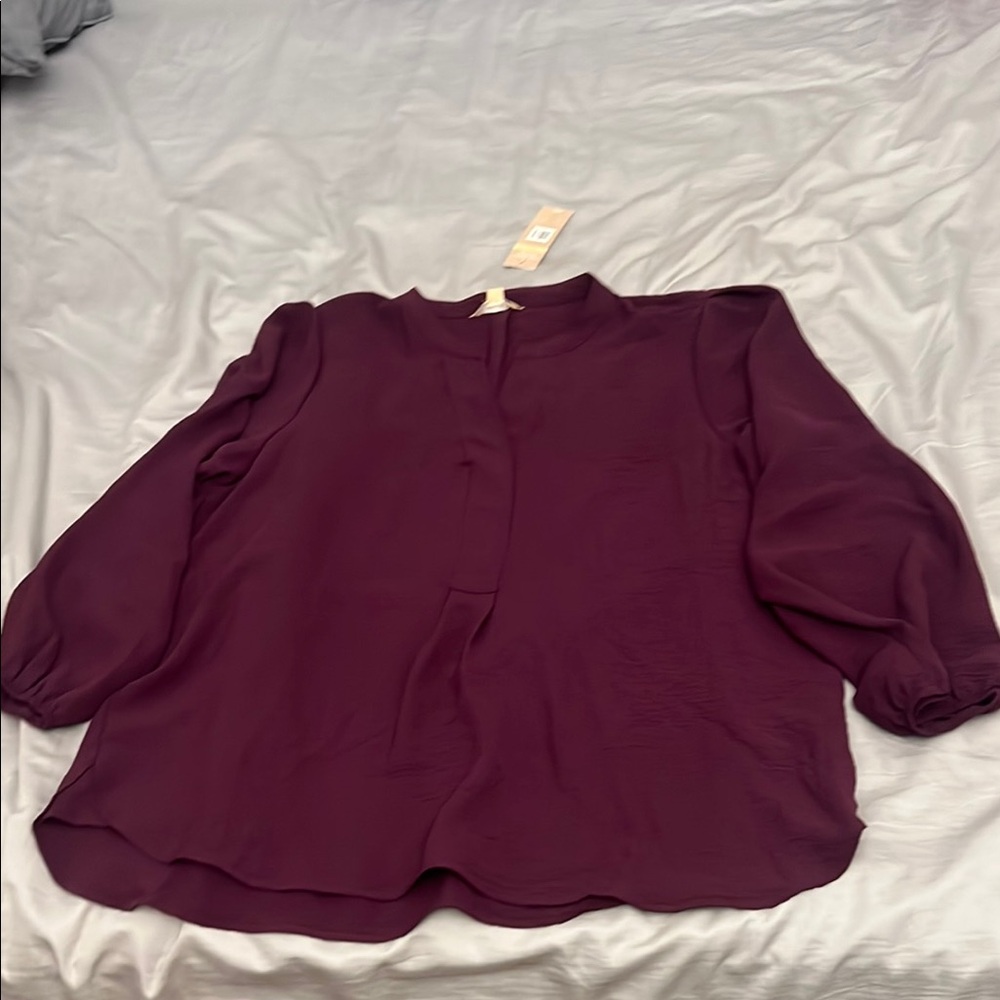 Red Boxy 3/4 Sleeve Blouse with Mandarin Collar